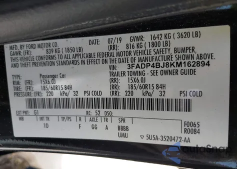 2019 Ford Fiesta Se z USA, uszkodzony, nr VIN 3FADP4BJ8KM162894